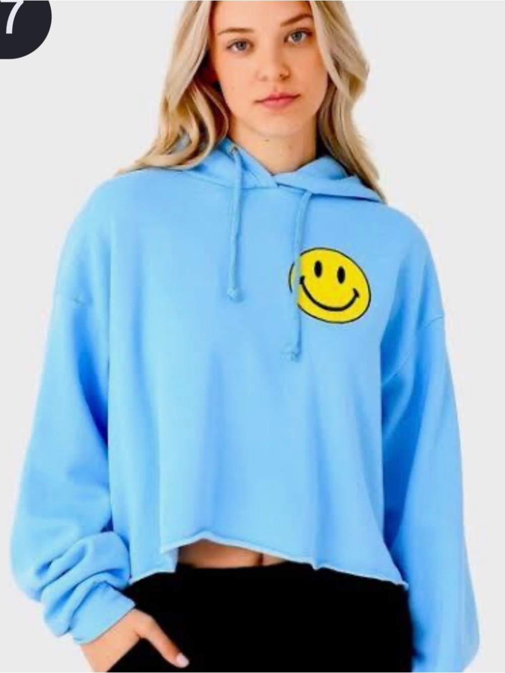 Aviator Nation Light Blue Cropped Hoodie with Yellow Smiley